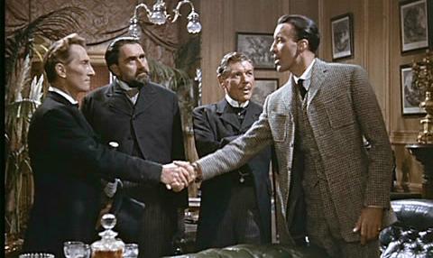 Peter Cushing, Francis De Wolff, André Morell et Christopher Lee dans Le Chien des Baskerville