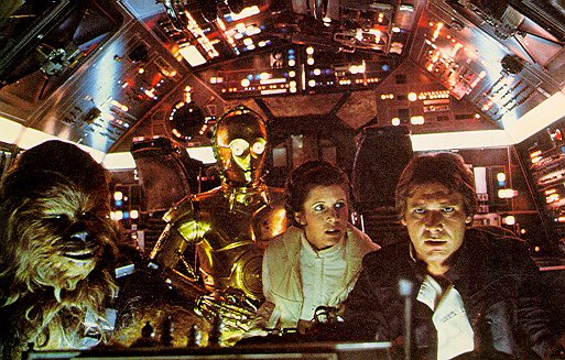 Chewbacca (Peter Mayhew), C3-PO (Anthony Daniels), Leia (Carrie Fisher) et Han Solo (Harrison Ford)